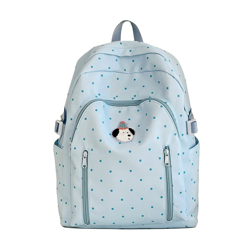 This is an ins style backpack that is versatile and has a high level of appearance. It is a polka dot Korean-style girl's backpack that is lightweight and suitable for junior high school and college students' travel Item Picture