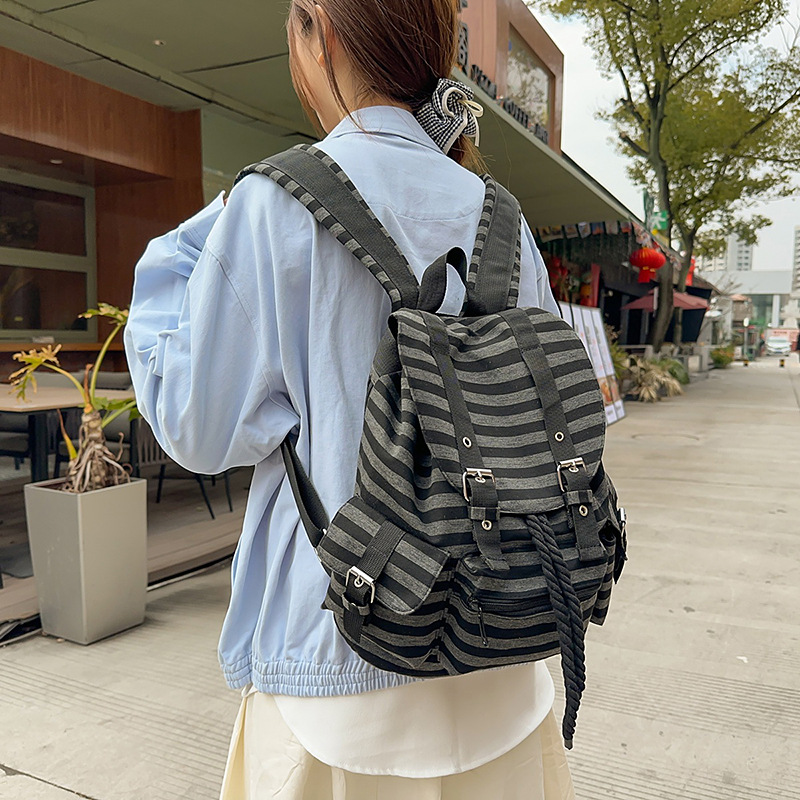 Versatile striped bag cover backpack, retro casual functional large-capacity Korean-style schoolbag, casual niche single-shoulder bag details Picture