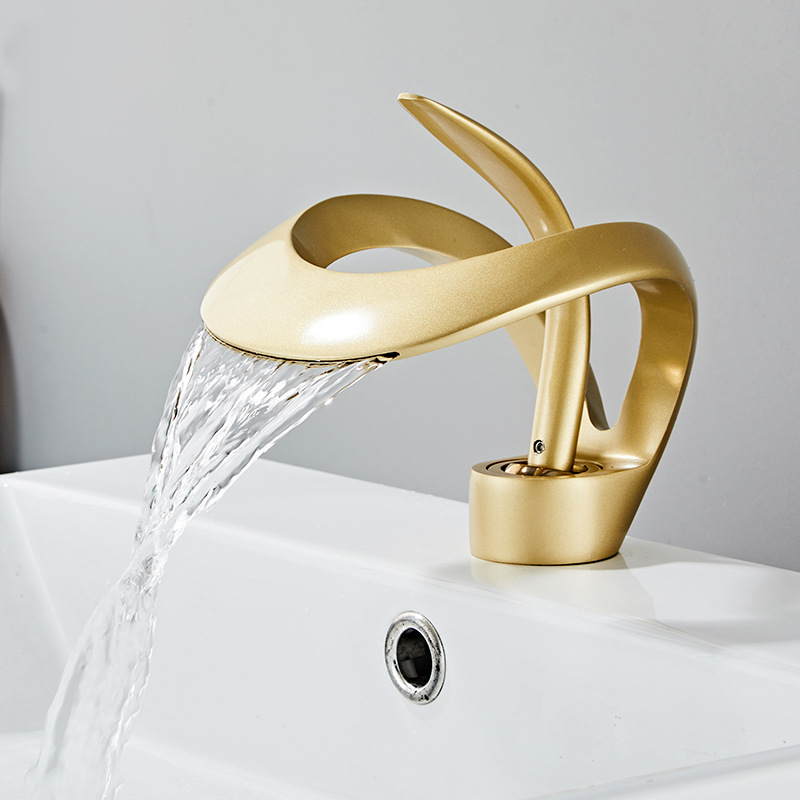 Creative single-hole waterfall-style washbasin faucet, hot and cold bathroom, bathroom cabinet, washbasin faucet, all copper for household use full figure