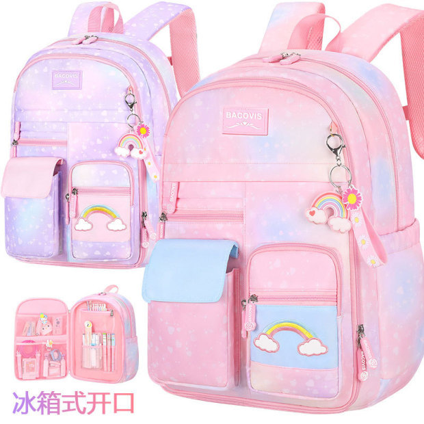 Primary school schoolbag, girl's back support, lightweight large-capacity backpack, refrigerator side-opening, cute children's bag, super lightweight details Picture