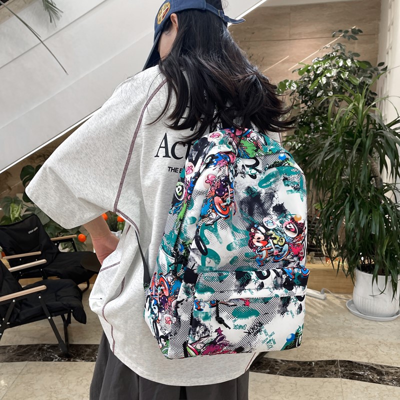High-appearance-level Korean-style Instagram personalized graffiti trendy and cool color-blocking backpacks for couples, lightweight travel large-capacity backpacks details Picture