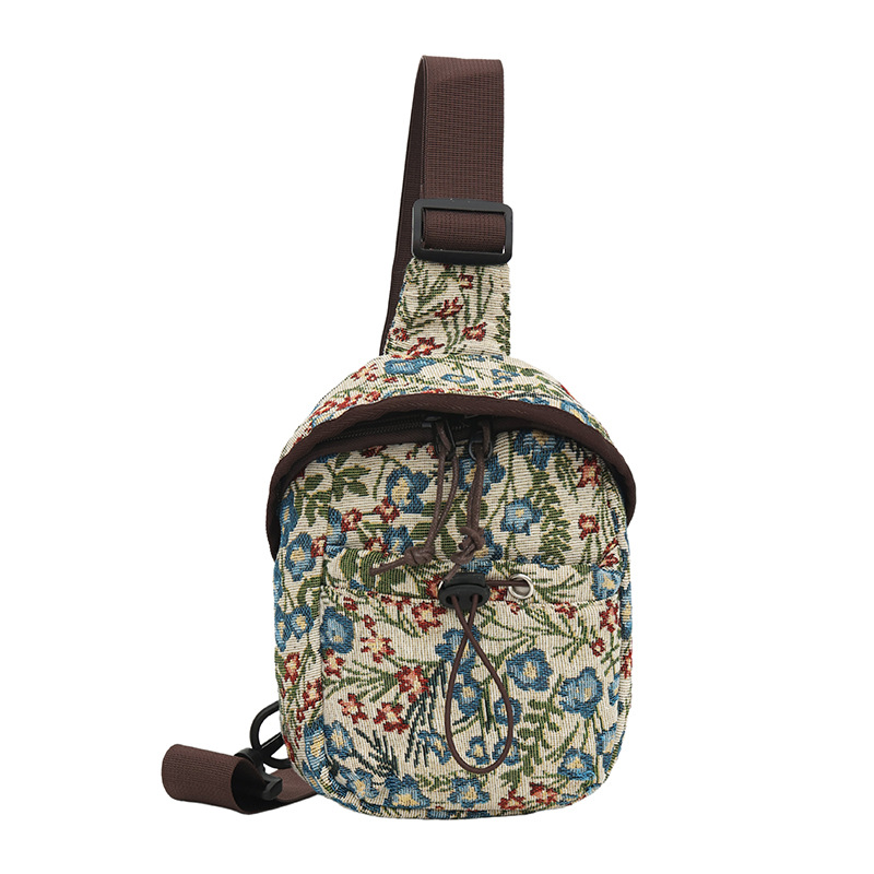 A fresh and elegant lady's bucket bag, a new Chinese-style jacquard fabric crossbody bag with embroidered flowers, a laid-back and lightweight waist bag Item Picture