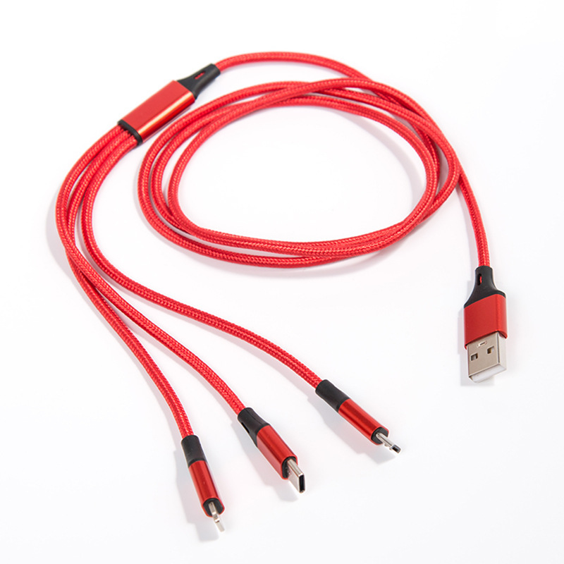 Nylon braided one drag three data cable three-in-one mobile phone charging cable with fast charging 3a, suitable for Apple and Android type Item Picture