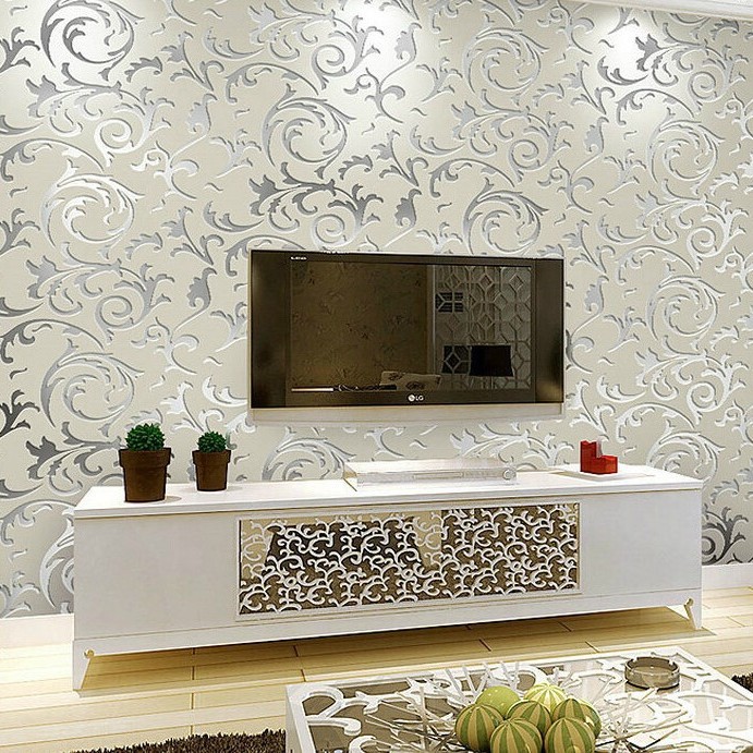 Simple European-style acanthus leaf 3D stereoscopic flocked non-woven fabric wallpaper, warm bedroom, living room and TV background wallpaper details Picture