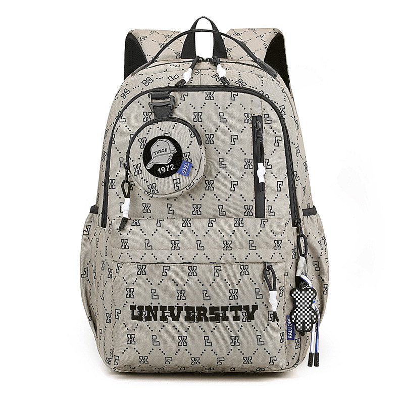 New design of simple backpack for junior high school students, solid color large-capacity printed computer bag for college students Item Picture