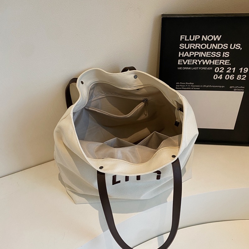 Simple letter large-capacity commuting canvas bag for women 2025 new spring casual and versatile student tote bag Specification drawing