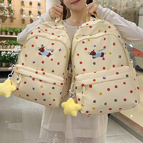 A new high-appeal, fresh, sweet and cute dot-shaped polka dot backpack from Japanese Instagram, a lightweight backpack for junior and senior high school students details Picture