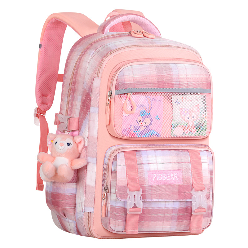 The new Cloud primary school children's schoolbag for girls in grades 3 to 6 is a large-capacity backpack with a checkered pattern that reduces the burden and protects the spine Item Picture