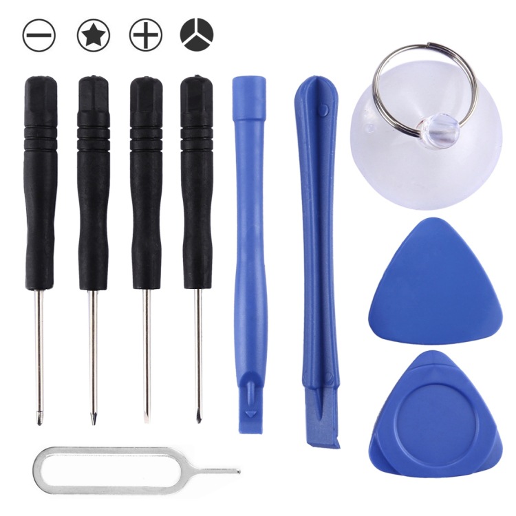 10-in-1 maintenance tools (4x screwdriver +2x crowbar +1x suction cup +2x triangular thick plate +sim card removal needle) full figure