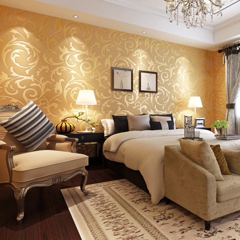 Simple European-style acanthus leaf 3D stereoscopic flocked non-woven fabric wallpaper, warm bedroom, living room and TV background wallpaper Application Scenario