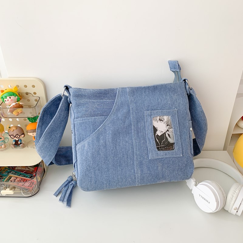 New Japanese-style niche pain bag, sweet and cool style, 2D denim, transparent single-shoulder bag for middle school students, retro postman bag Specification drawing