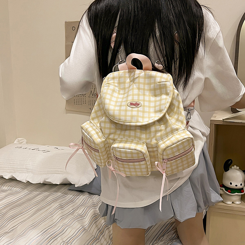 Japanese InS-style soft and cute girl bow backpack, sweet and artistic student checkered backpack details Picture