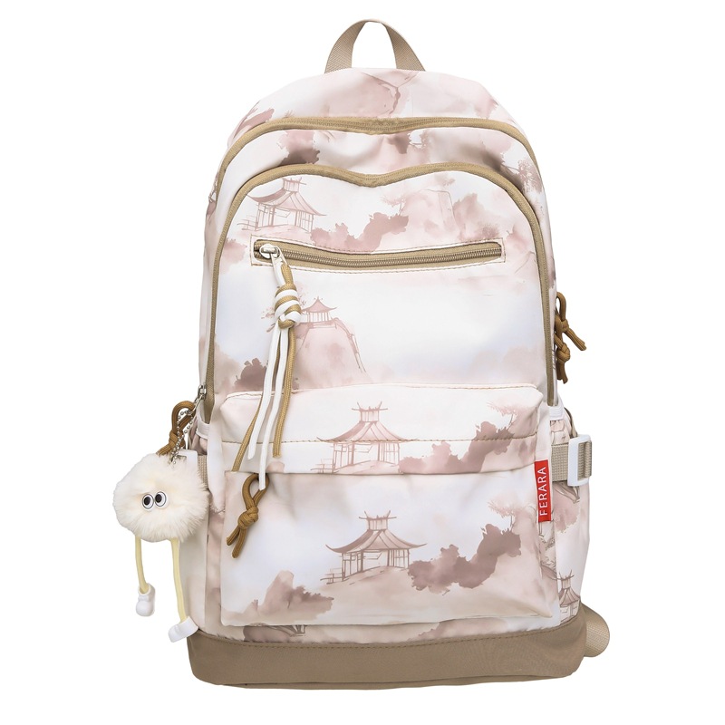 New Chinese-style ink-wash printed schoolbag for female college students, a lightweight and casual backpack for junior and senior high school students Item Picture