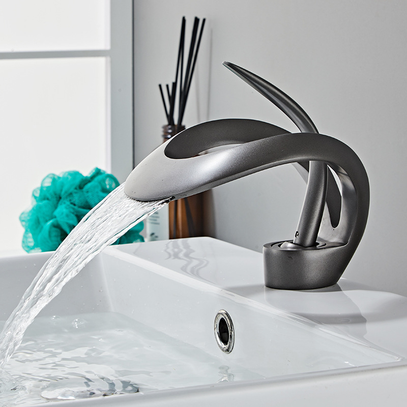 Creative single-hole waterfall-style washbasin faucet, hot and cold bathroom, bathroom cabinet, washbasin faucet, all copper for household use details Picture