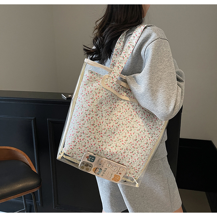 Versatile casual Tote bag 2025 Summer New style floral canvas pu bag Large capacity transparent fashionable single-shoulder bag full figure