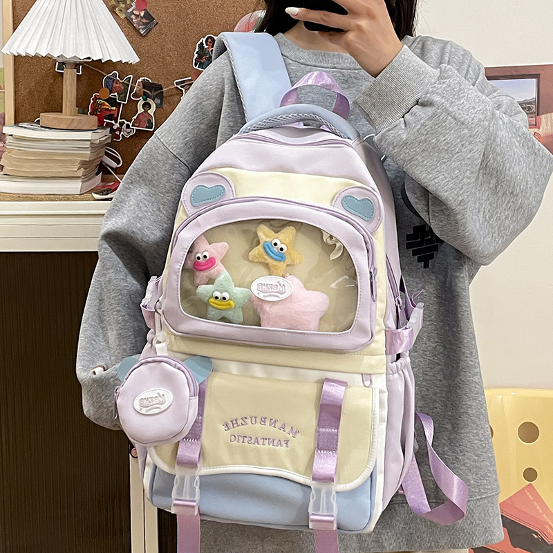 A new high-appearance-level ins transparent pain bag for girls, a large-capacity backpack for primary and secondary school students with color-blocking and splicing details Picture