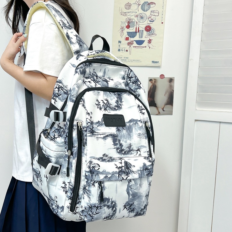 Simple schoolbag treasure, girl tie-dye ink-wash backpack, national trend style, versatile, high appearance level backpack for primary and secondary school students details Picture