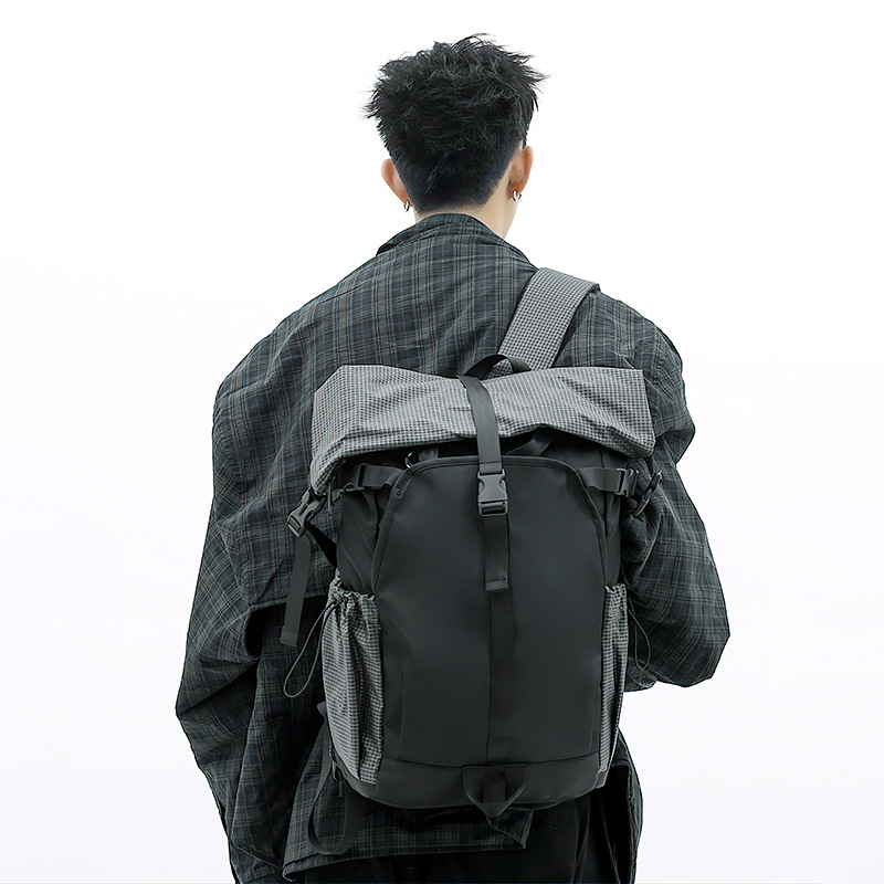 New cross-border men's rolled-up backpack, nylon folding rolleable backpack, large-capacity college student schoolbag for men details Picture