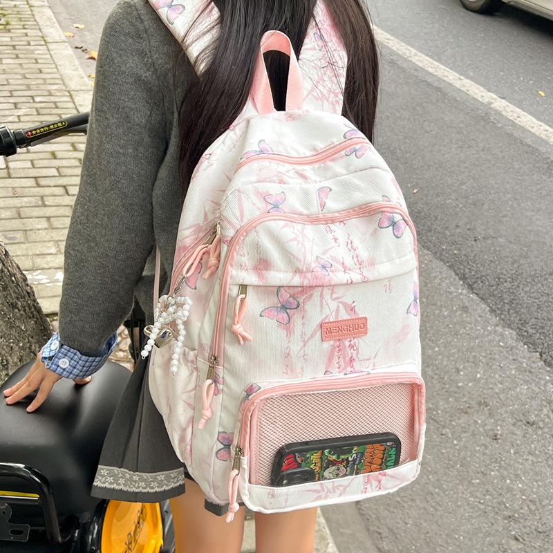 Sweet girl backpack with large capacity, Korean style Instagram, high appearance level, college style, junior high school student butterfly Chinese style backpack details Picture