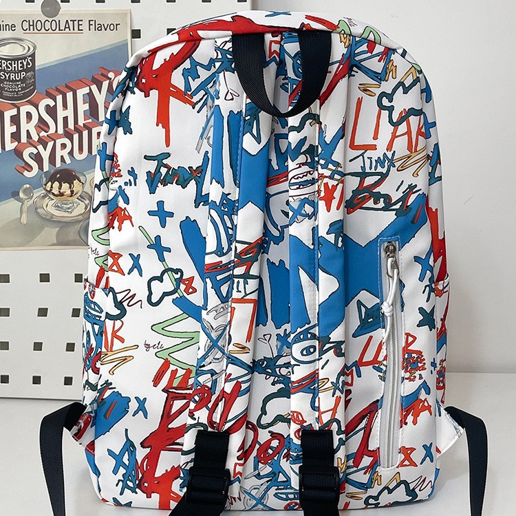A new Korean-style Instagram backpack with a high level of appearance, trendy and cool personality, and graffiti. It is a lightweight and large-capacity backpack for junior and senior high school students Specification drawing