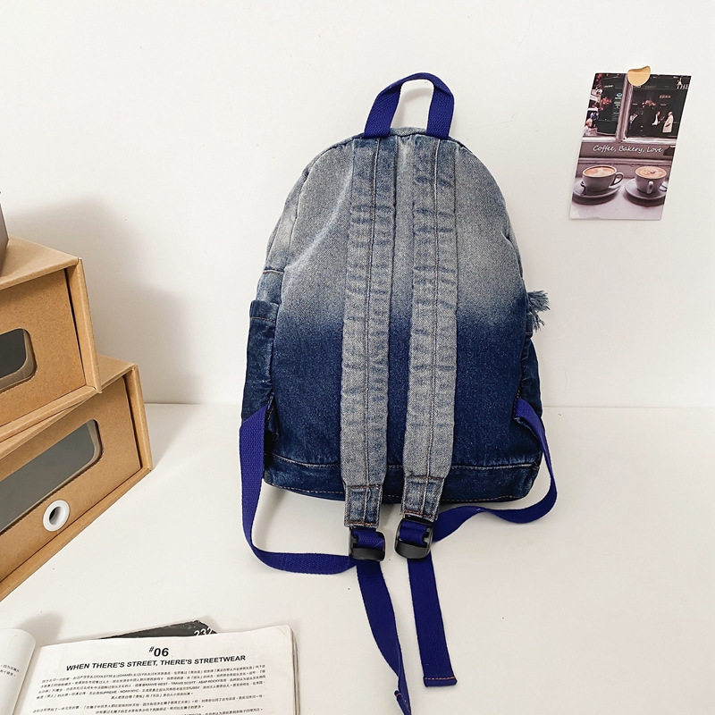 Gradient denim schoolbag for women, Korean style, niche design, retro large-capacity backpack, casual and versatile backpack for men Specification drawing