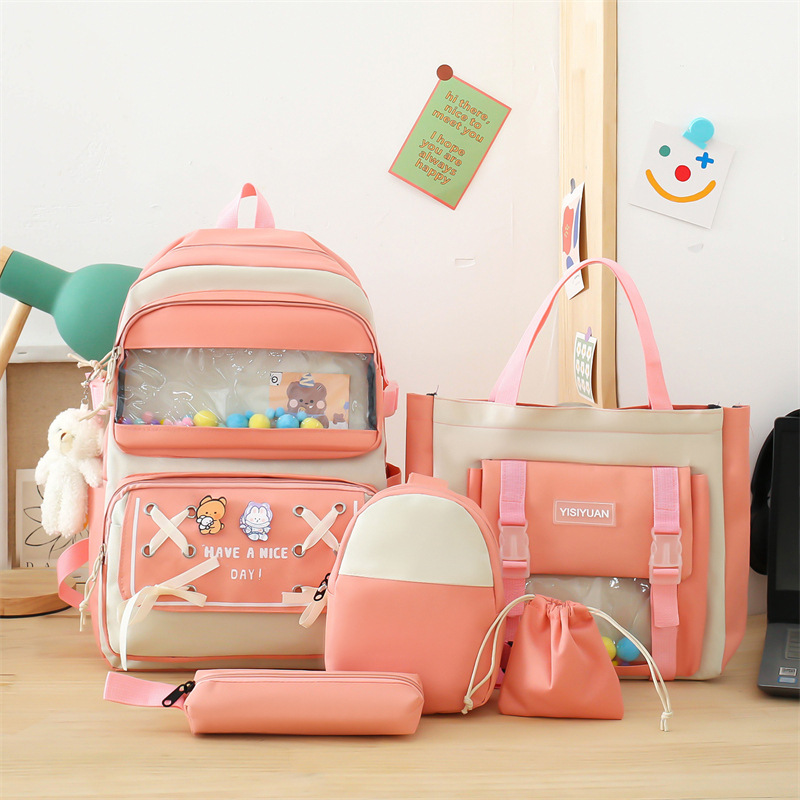 Wholesale of new large-capacity girls' schoolbags in Korean style, cute and versatile, color-blocked backpacks, and trendy color-blocking primary school backpacks Specification drawing