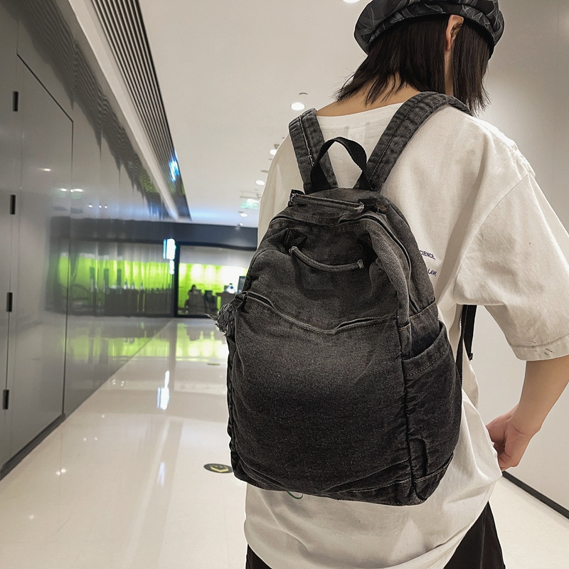 Gradient denim schoolbag for women, Korean style, niche design, retro large-capacity backpack, casual and versatile backpack for men details Picture