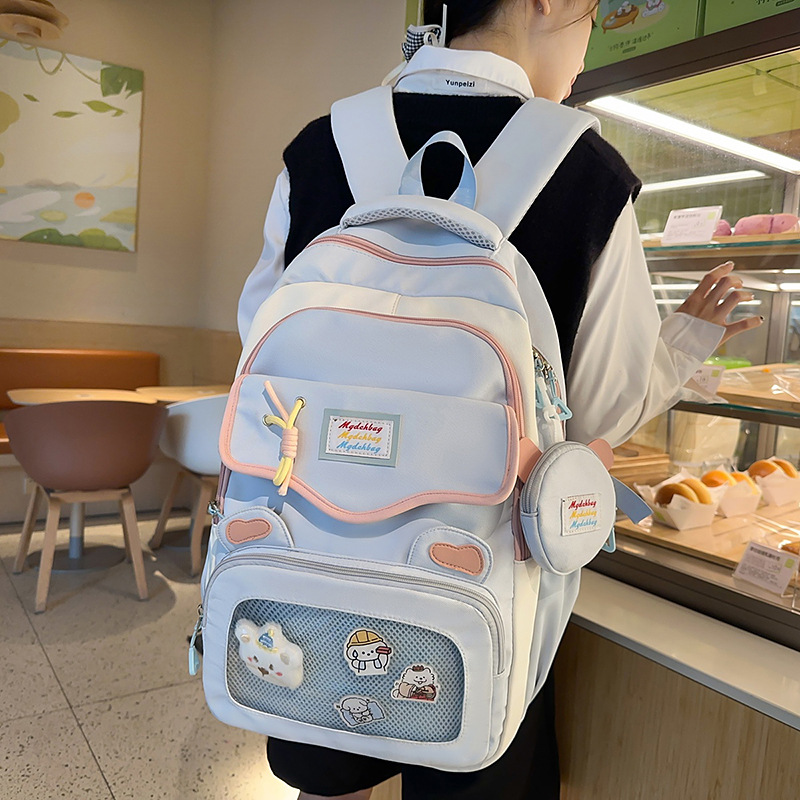 A new Japanese style backpack with a high level of appearance, fresh, sweet and cute bear transparent smudging pain bag for junior high school and high school students full figure