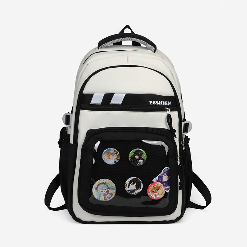 2025 New Korean version high-appearance-level cartoon badge backpack, large-capacity multi-compartment backpack, lightweight and simple backpack Item Picture