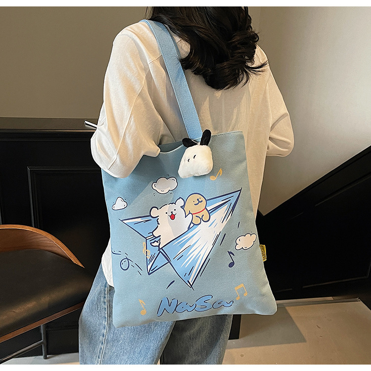New canvas bag, student cartoon, artistic, large-capacity handbag, single-shoulder, versatile, hand-held schoolbag, commuter handbag details Picture