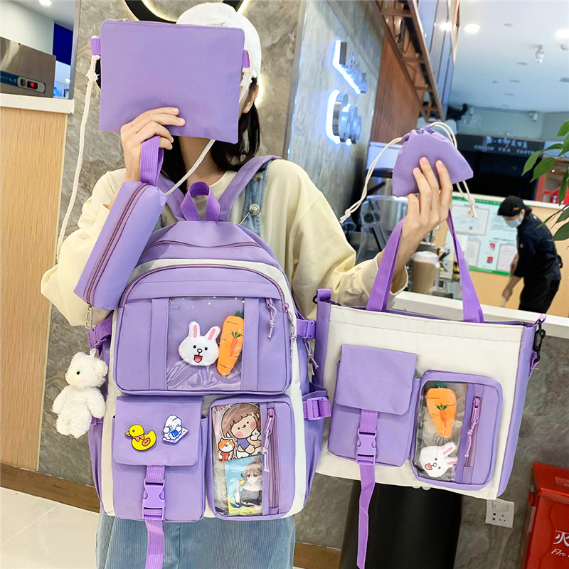 Wholesale of five-piece sets of schoolbags for girls, junior high and senior high school students, lightweight backpacks for primary school students, and large-capacity backpacks full figure