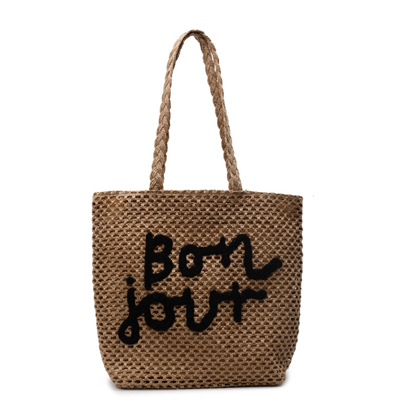 Letter-embroidered woven bag for women, Spring/Summer 2025 new vacation-style hollowed-out single-shoulder bag, fashionable and simple beach bag Item Picture