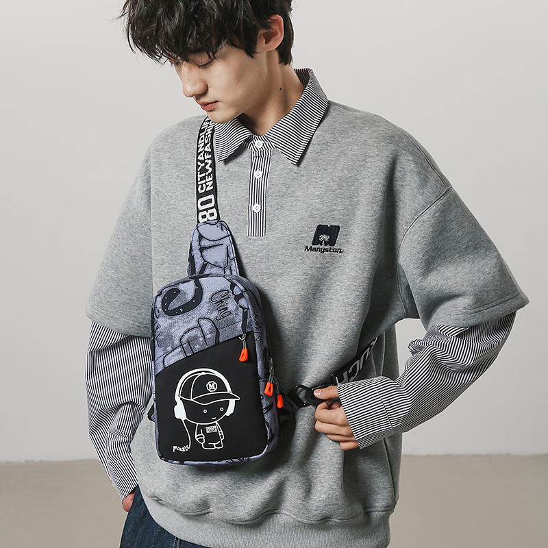 A new men's trendy chest bag from foreign trade, a unique graffiti sports crossbody bag, a cool and trendy night reflective outdoor cycling single-shoulder bag details Picture