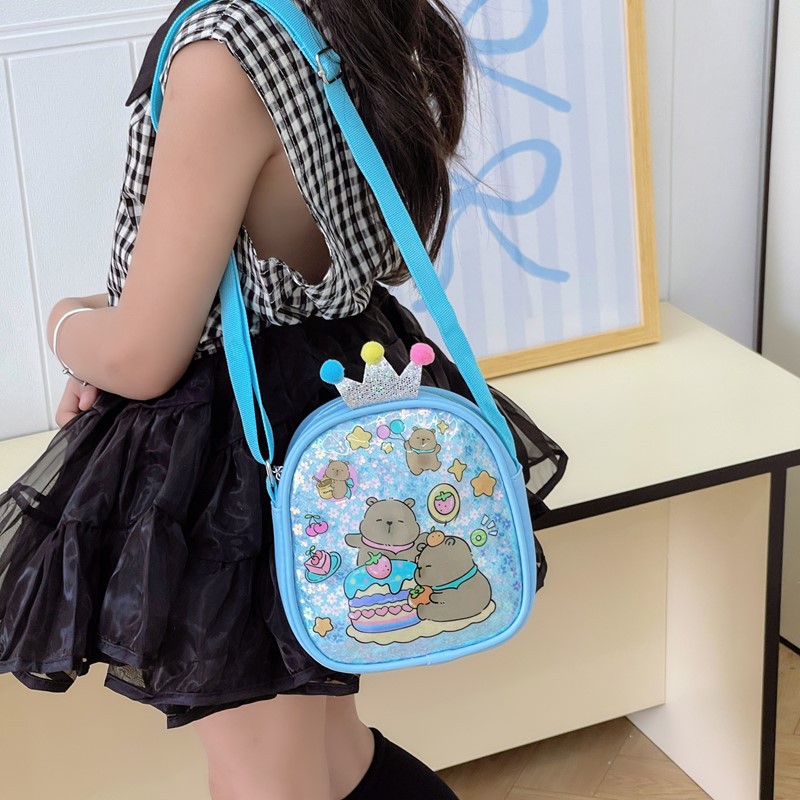 Summer new girls' travel crossbody bag, mini change single-shoulder bag, girls' cartoon capybara lightweight sequined backpack Specification drawing