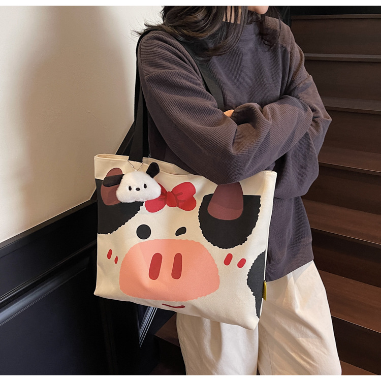 New large-capacity canvas tote bag, Japanese-style cartoon travel and commuting bag, mommy bag, hand-held shopping bag, fitness bag details Picture