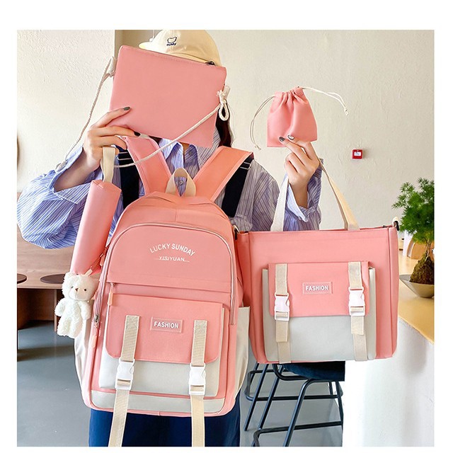 Korean version high school student schoolbag, large-capacity junior high school student trendy backpack, girls' ins school five-piece set, make-up class backpack Application Scenario