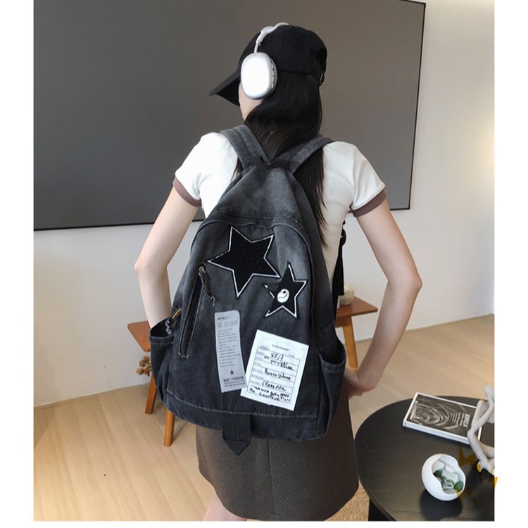 A versatile student backpack with a large capacity, simple and trendy design, a new gradient washable denim backpack for casual use full figure