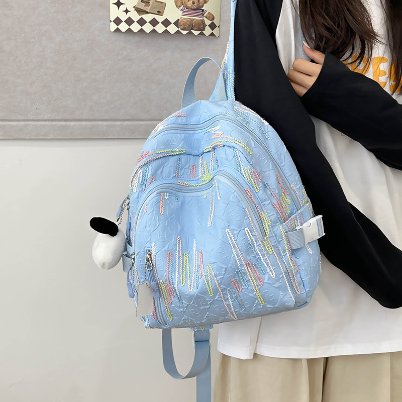 A cute young girl with a high level of good looks, a small Japanese-style Instagram backpack, a bag for children traveling, a mother taking her kids shopping details Picture
