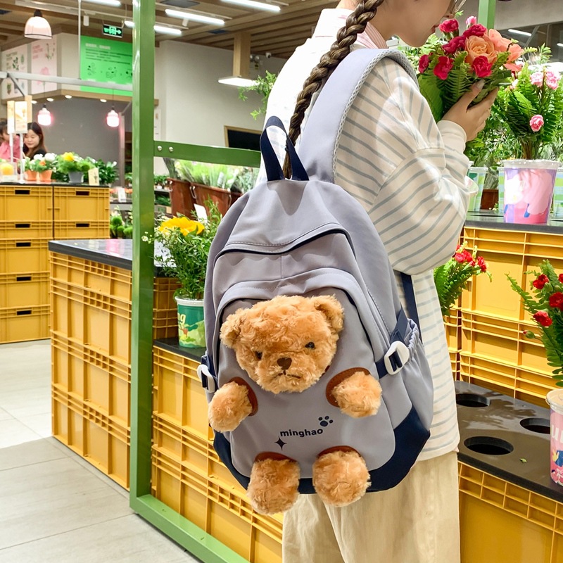 Korean InS-style cute bear backpack, large-capacity student schoolbag for junior and senior high school, casual and versatile travel backpack details Picture