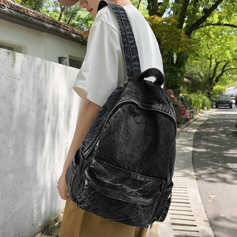 New schoolbag with high appearance level, Hong Kong feng shui wash denim backpack, trendy couple style, casual travel lightweight backpack details Picture