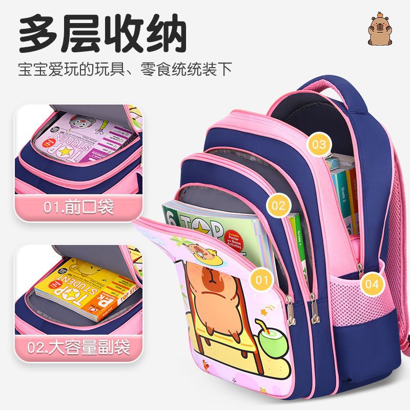 The new Capibara primary school schoolbag for boys and girls is a cute cartoon, lightweight and dirt-resistant children's backpack for kindergartens Specification drawing