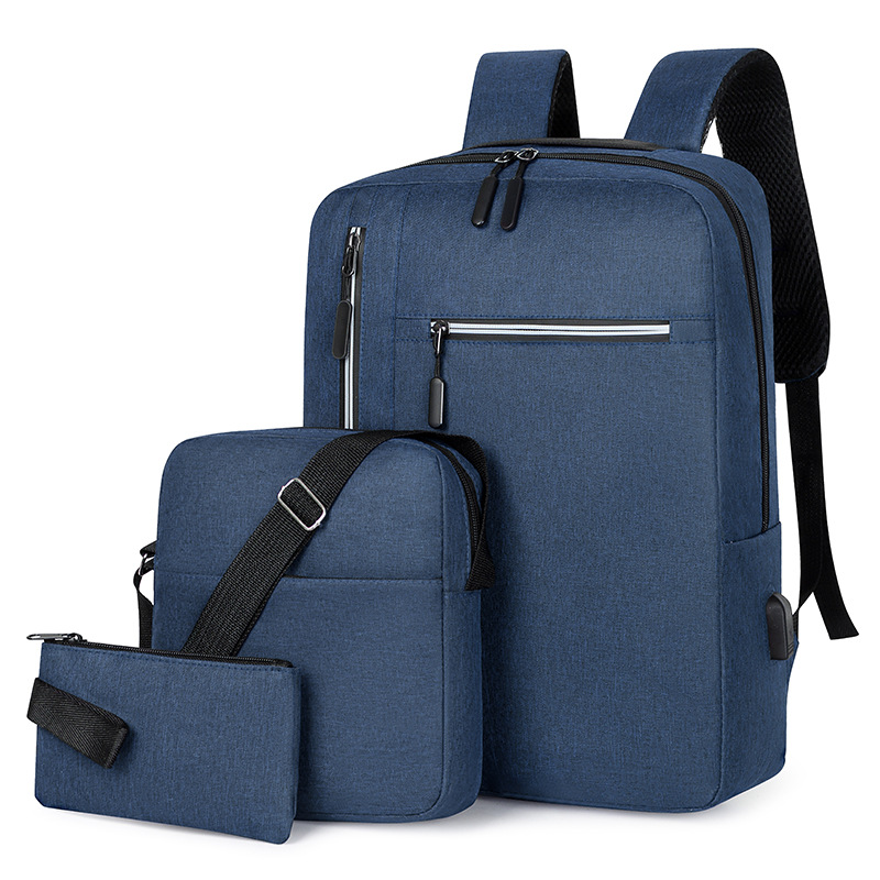 Wholesale of three-piece business men's backpacks, simple solid-color outdoor casual backpacks for junior and senior high school students details Picture