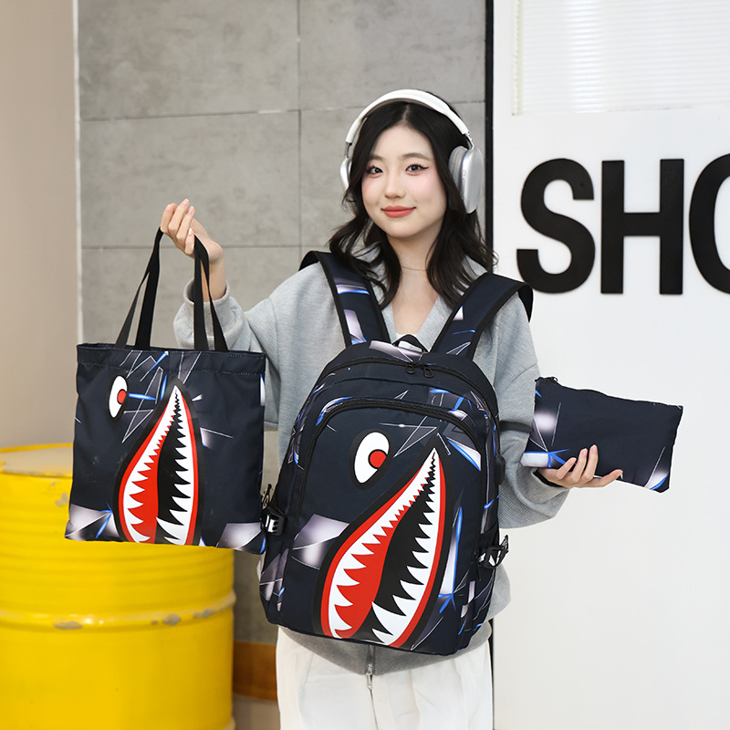 Cute shark set schoolbag, trendy new style, personalized and creative men's and women's backpack, three-piece backpack set for junior high school campus Specification drawing