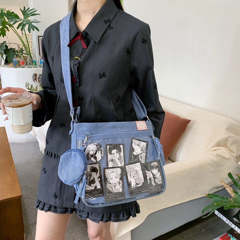 New Japanese-style niche pain bag, sweet and cool style, 2D denim, transparent single-shoulder bag for middle school students, retro postman bag full figure
