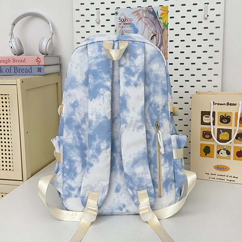 A new high-appeal, fresh and niche tie-dyed schoolbag for junior and senior high school students, featuring multiple pockets and large capacity Specification drawing