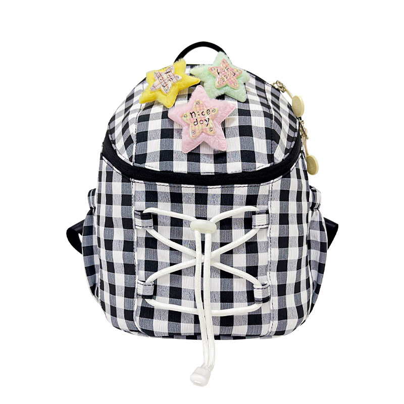 A new high-appeal, fresh, sweet and cute mini backpack with a checkered pattern for junior and senior high school students, a lightweight backpack for their travels Item Picture