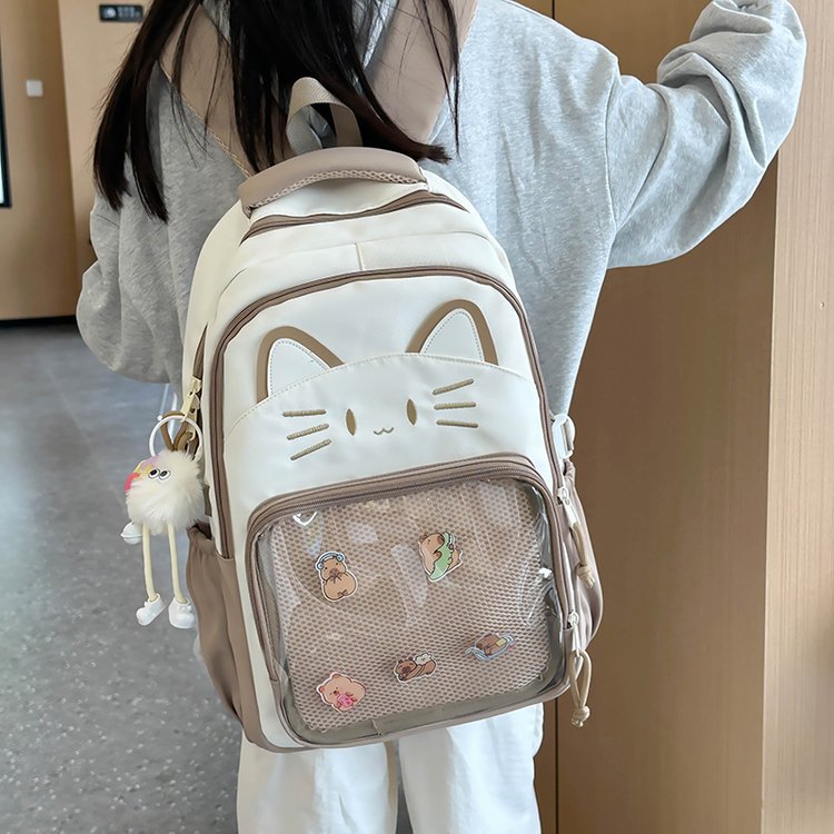 Japanese-style Instagram cute cat backpacks for girls, transparent smudging pain bags, new large-capacity schoolbags for middle school students full figure