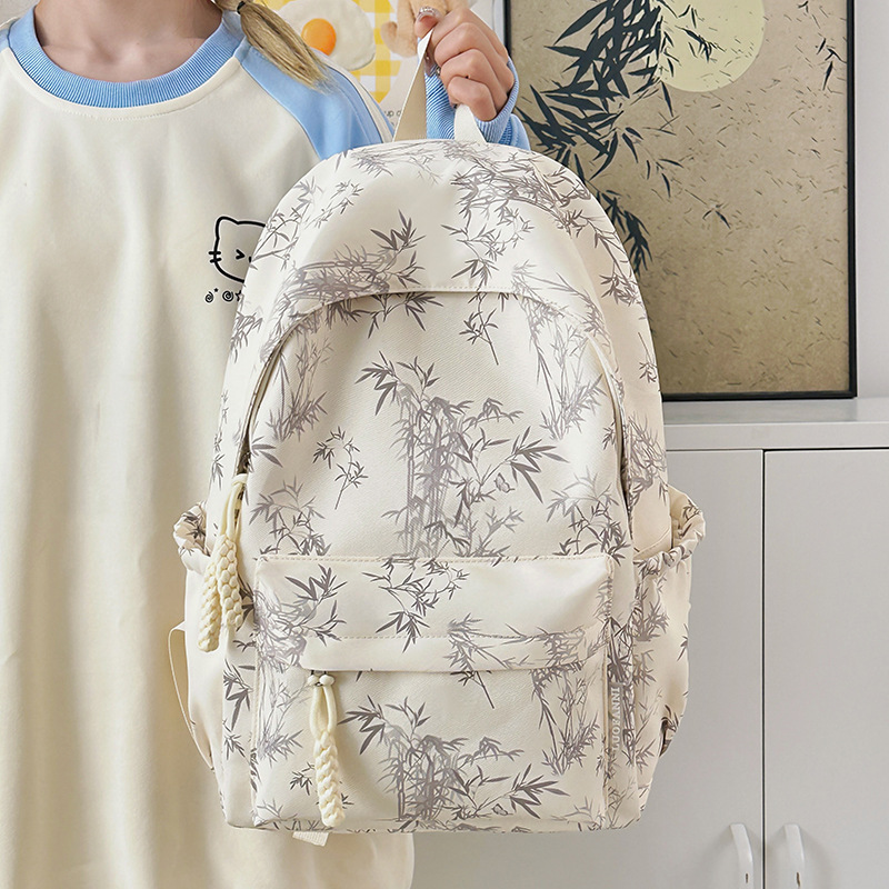 Tie-dyed ins simple Chinese style bamboo printed large-capacity schoolbag for high school, college and junior high school students full figure