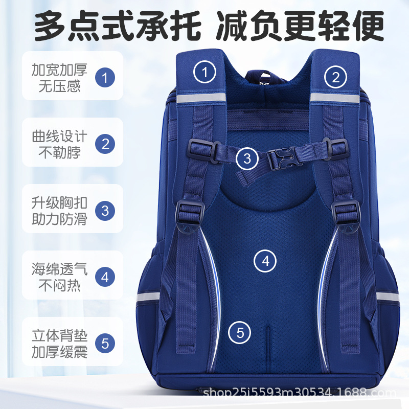 The cross-border cartoon schoolbag for primary school boys from grades one, two, three to five and six is a one-piece lightweight children's backpack Specification drawing