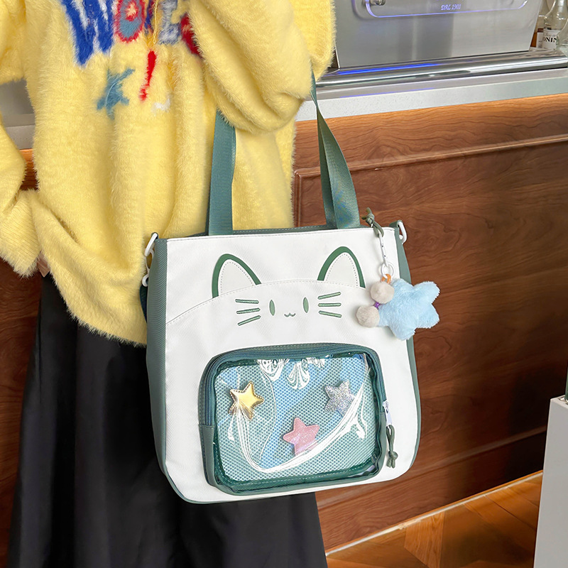 Cute kitten crossbody bag, female student hand-held pain bag, large-capacity cartoon single-shoulder tote bag, class tutorial bag full figure